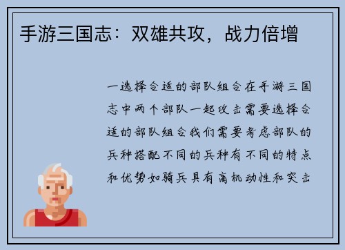 手游三国志：双雄共攻，战力倍增