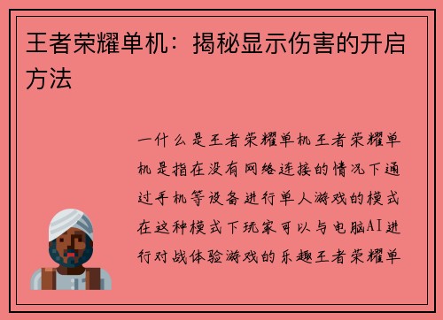 王者荣耀单机：揭秘显示伤害的开启方法