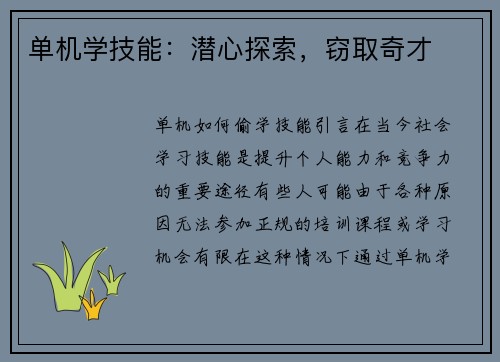 单机学技能：潜心探索，窃取奇才
